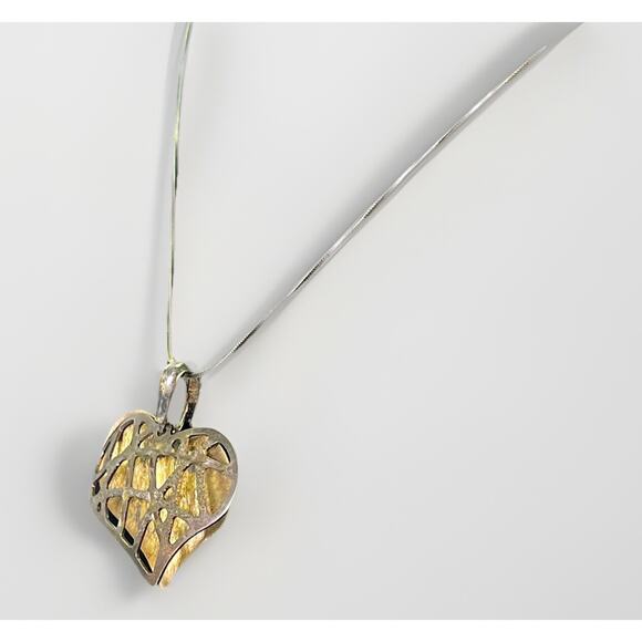 VTG Modernist Sterling Silver Filigree HEART PENDANT w/ Brass Accents NECKLACE - Picture 3 of 16